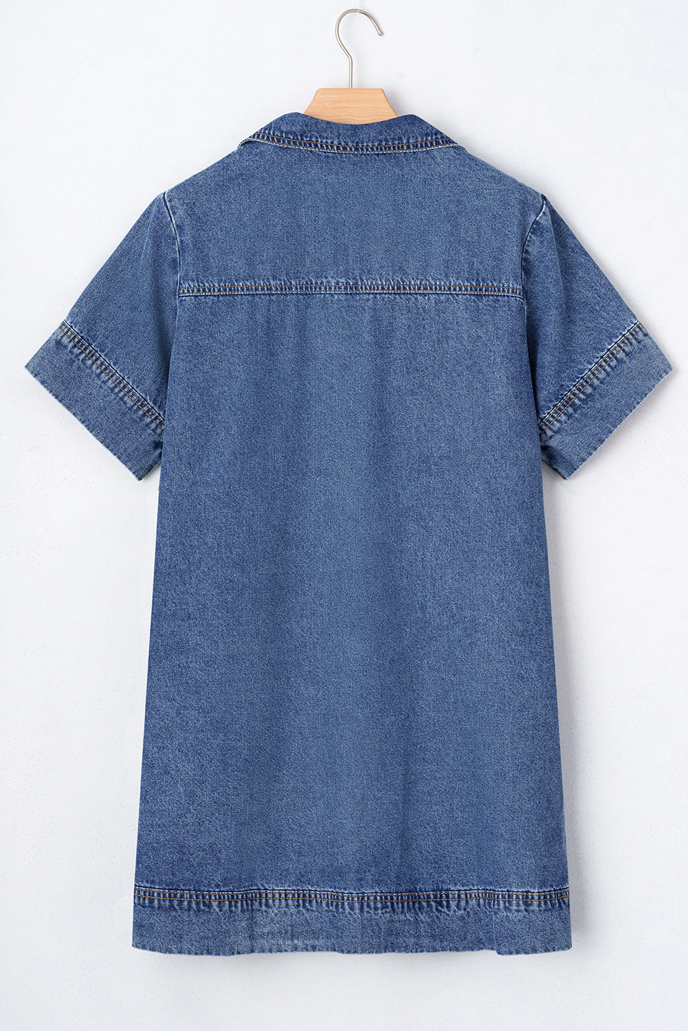 Denim Short Sleeve Collared Patched Pocket Denim Mini Dress