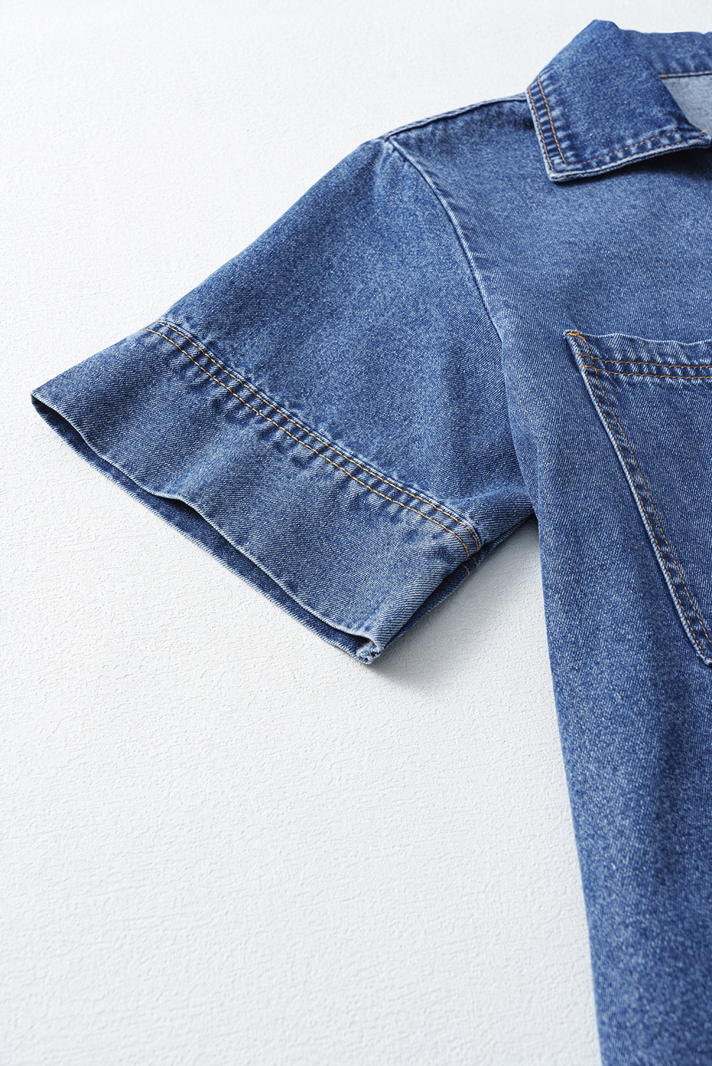 Denim Short Sleeve Collared Patched Pocket Denim Mini Dress