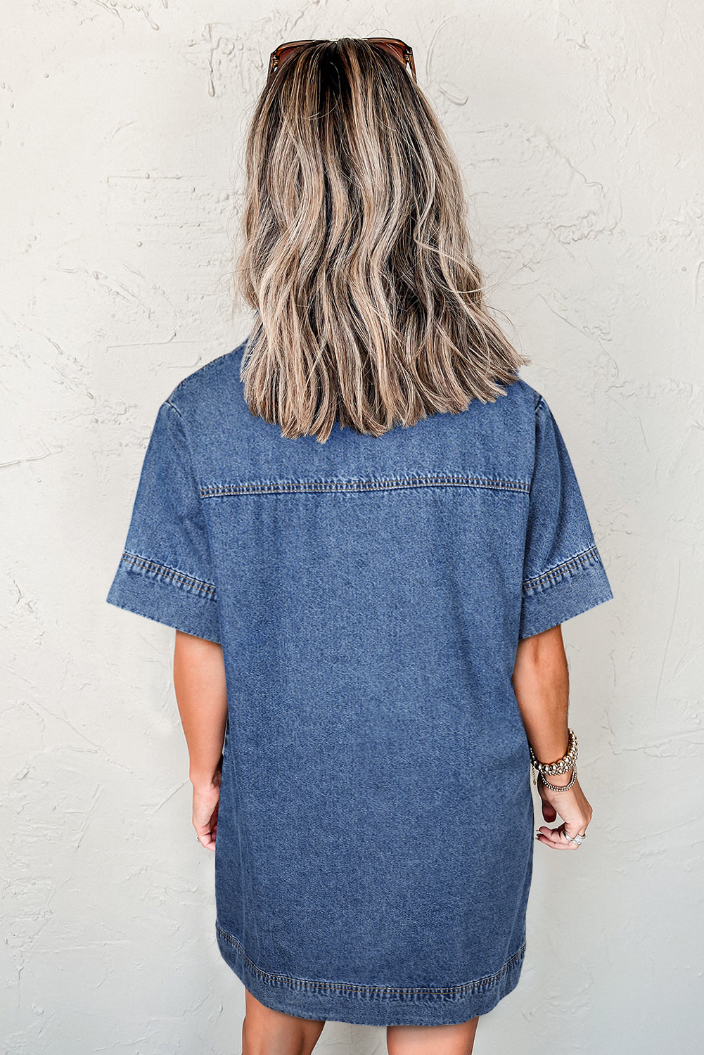 Denim Short Sleeve Collared Patched Pocket Denim Mini Dress