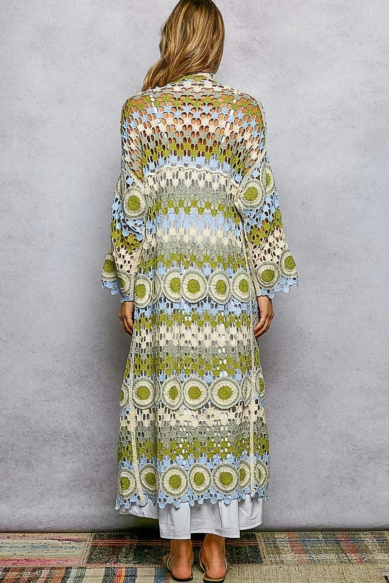 POL Scalloped Edge Open Front Crochet Cardigan with Colorful Stripe Pattern