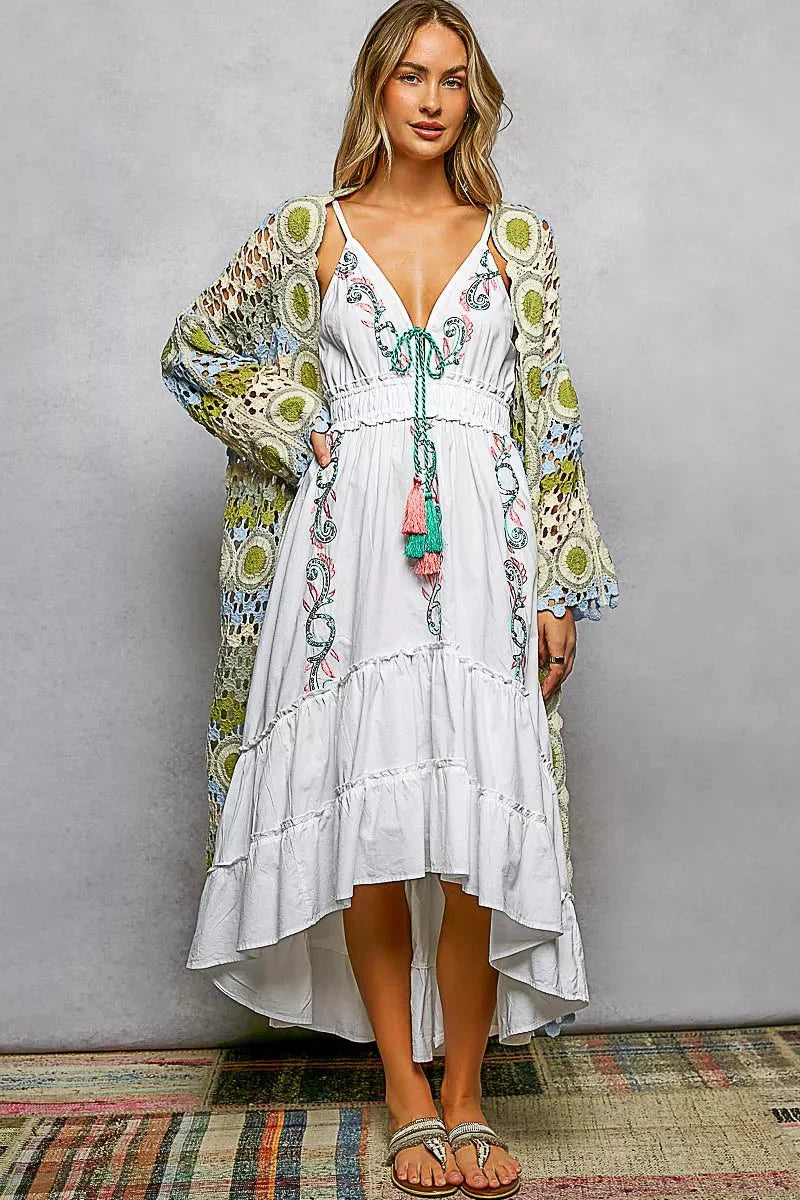 POL Scalloped Edge Open Front Crochet Cardigan with Colorful Stripe Pattern